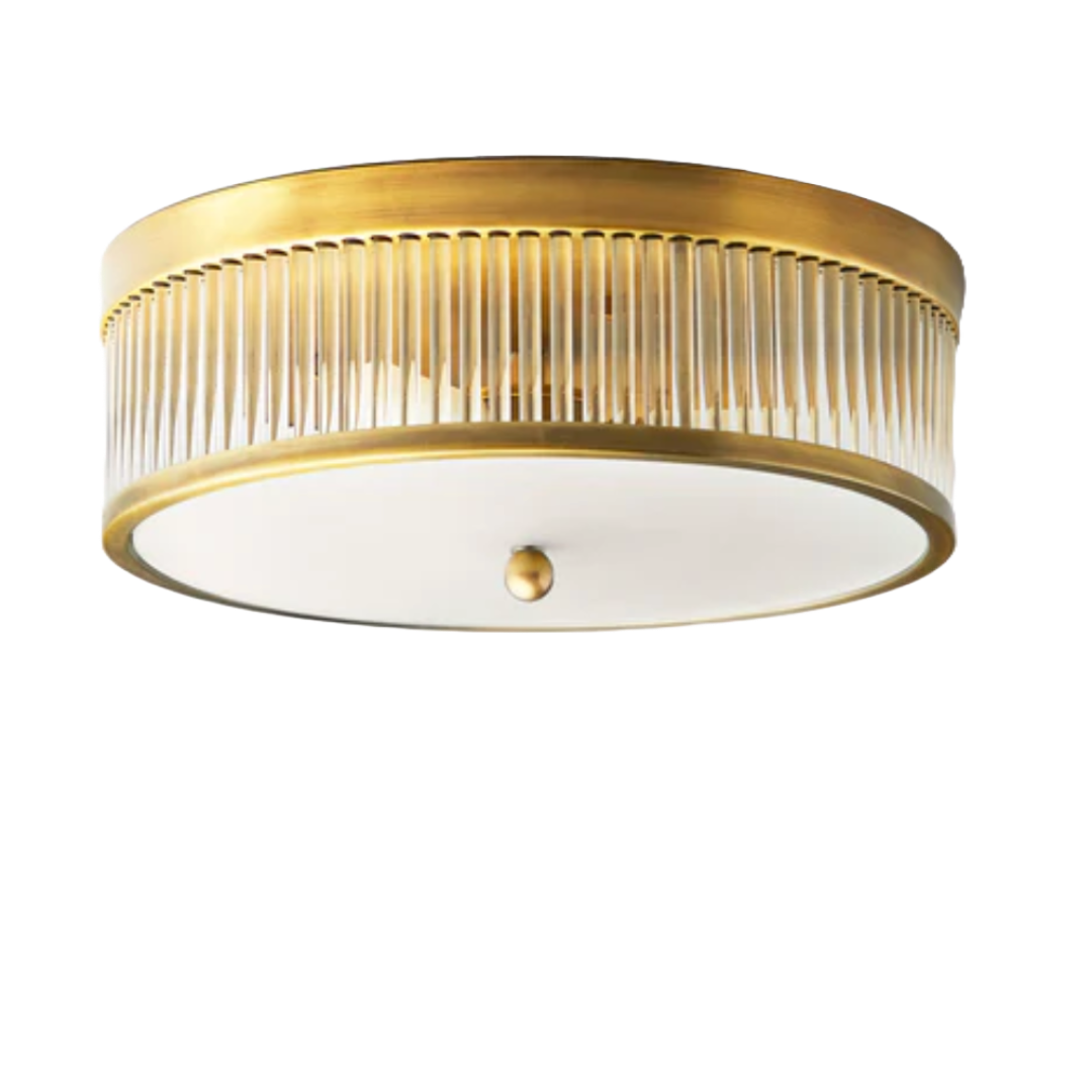 Round Roddy IP44 flush ceiling light in antique brass and clear glass