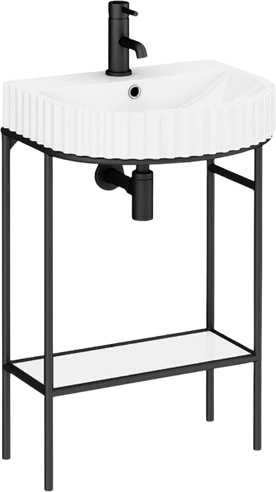 Arezzo D Shape Matt Black Washstand with Gloss White Open Shelf and Fluted Basin