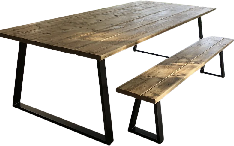 Rustic Scaffold Board Trapezium Metal Dining Table and bench