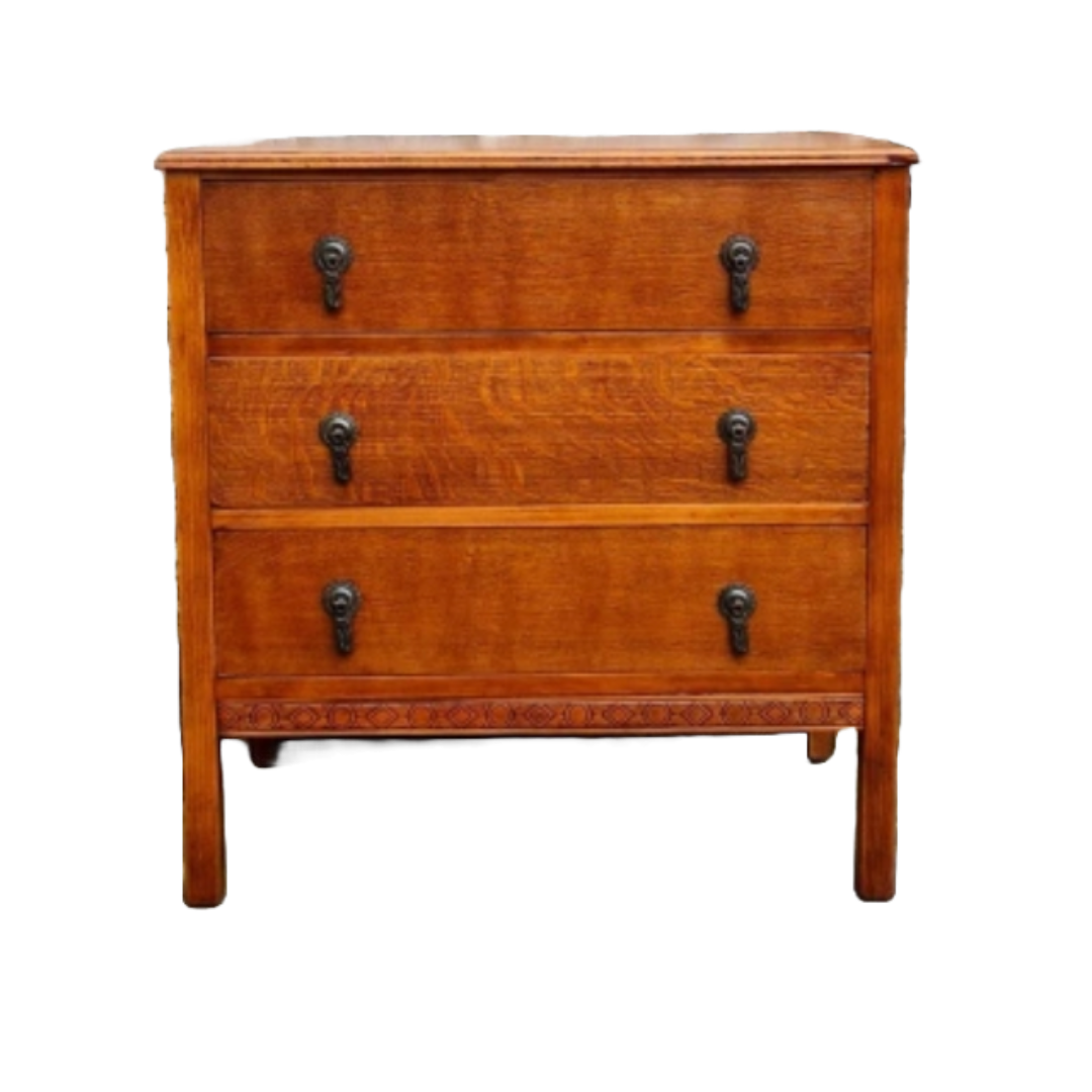 Vintage Oak Chest Of Drawers, 1930s Large Three Drawer Chest Highly Detailed