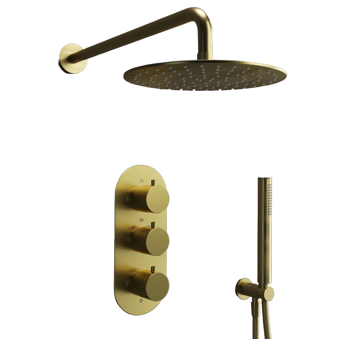 Solar Brushed Brass 2 Way EZBox Concealed Overhead Shower and Handheld