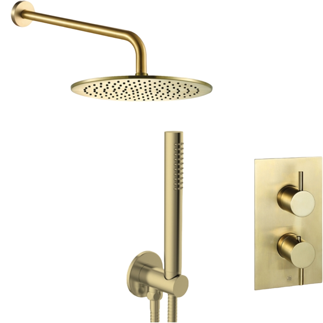 VOS Concealed Dual Outlet 2 Handle Shower Valve, Fixed Head & Shower Handset Kit - Brushed Brass